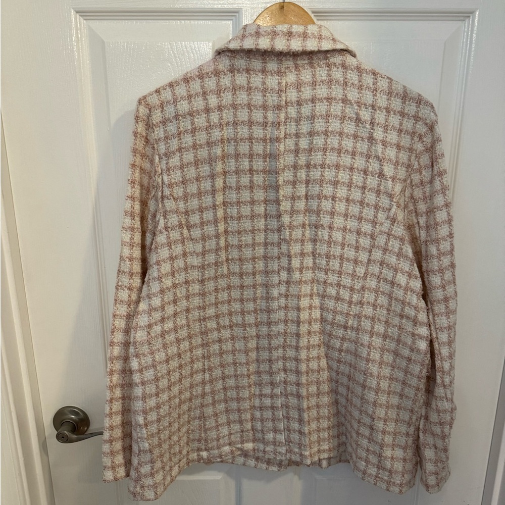 Maurices Pink and Cream Plaid Double-Breasted Tweed Blazer - Picture 4 of 6